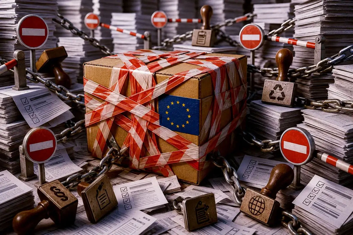 Versandkarton mit EU-Flagge und Einfahrt-verboten-Schildern als Metapher für den bürokratisch verhinderten Versand in andere EU-Länder.